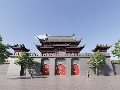Traditional Chinese Architecture With Ancient City Gate Tower Curved Eaves Red Doors and Gray Walls 3d model