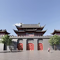 Traditional Chinese Architecture With Ancient City Gate Tower Curved Eaves Red Doors and Gray Walls