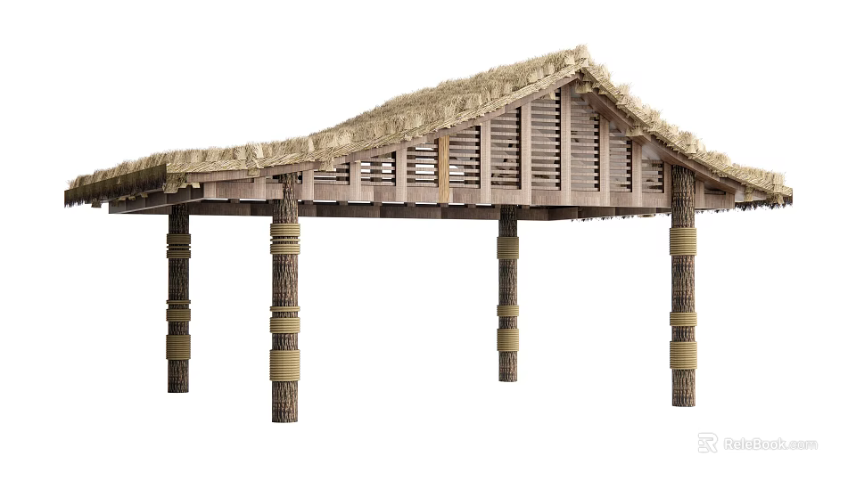 Garden Landscape Traditional Pavilion Featuring Thatched Roof And Wooden Columns Design 3d model 