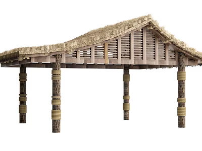 Garden Landscape Traditional Pavilion Featuring Thatched Roof And Wooden Columns Design 3d model