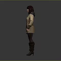 A Woman Wearing Beige Trench Coat Black Short Skirt Brown Knee High Boots Gray Background