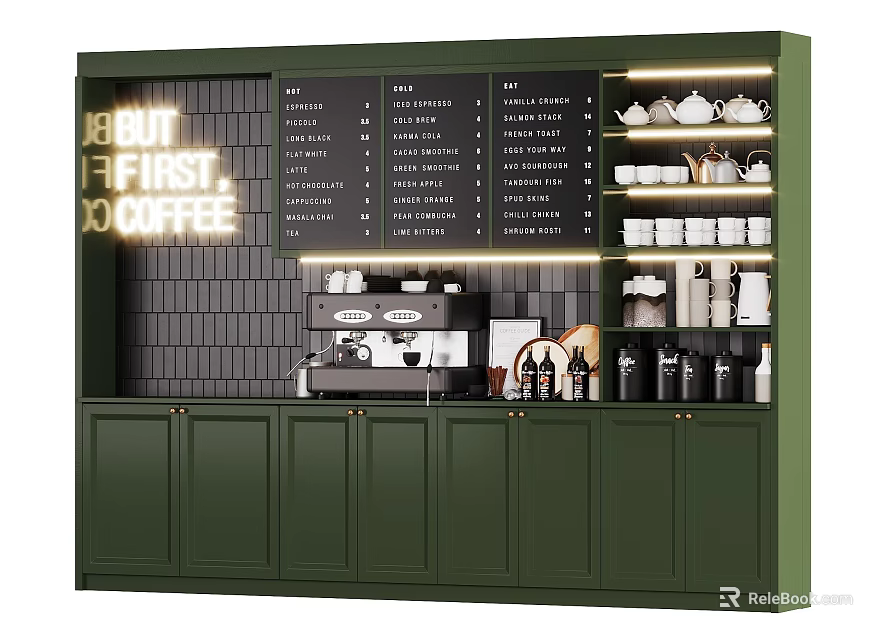 Modern Café Interior With Green Counter Menu Board Coffee Machine And White Cups 3d model 