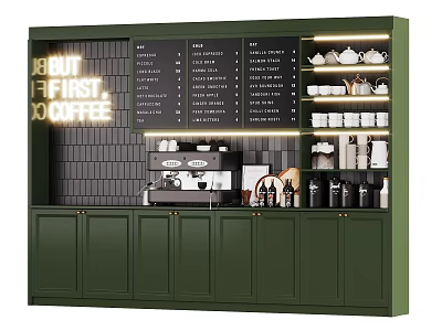 Modern Café Interior With Green Counter Menu Board Coffee Machine And White Cups 3d model