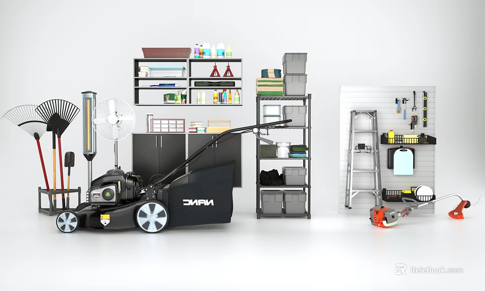 Essential Hardware Tools Collection With Lawn Mower Fan Ladder Shelves And Various Tools 3d model 