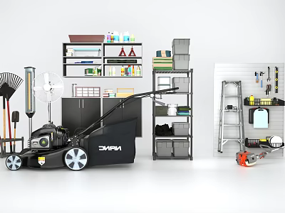 Essential Hardware Tools Collection With Lawn Mower Fan Ladder Shelves And Various Tools 3d model