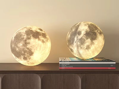 Glowing Moon Shaped Decorative Lamps On Wooden Shelf With Stacked Books 3d model