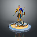 Standing Man In Blue And Gold Armor With Sword Shield Fallen Armor On Round Base