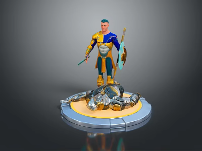 Standing Man In Blue And Gold Armor With Sword Shield Fallen Armor On Round Base 3d model