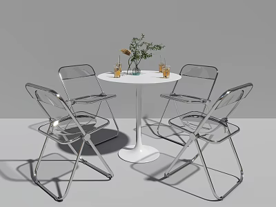 Modern Dining Table and Chair Set with White Round Top Transparent Seats and Metal Frame 3d model