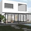 Modern Villa Balcony With Glass Enclosure Lawn Pool Green Plants And Stone Steps