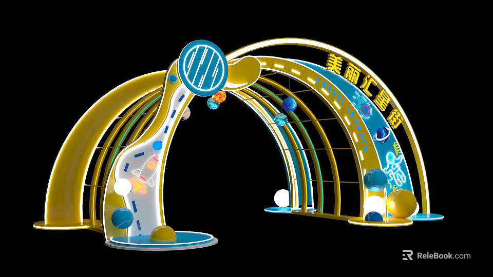 Decorative Golden Blue Archway With Round Ornaments For Shopping Mall Entrance 3d model 