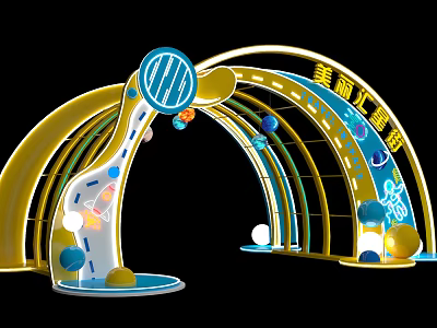 Decorative Golden Blue Archway With Round Ornaments For Shopping Mall Entrance 3d model
