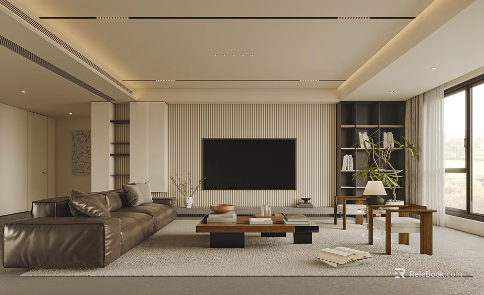 Modern Living Room With Leather Sofa TV Wooden Coffee Table And Bookshelves 3d model 