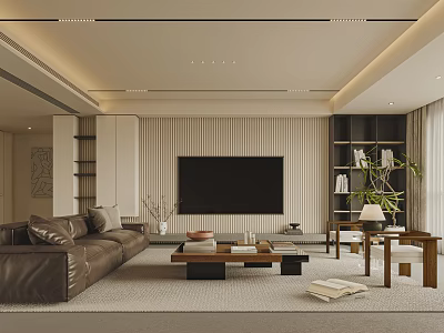Modern Living Room With Leather Sofa TV Wooden Coffee Table And Bookshelves 3d model