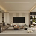 Modern Living Room With Leather Sofa TV Wooden Coffee Table And Bookshelves