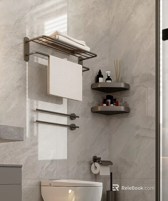 Modern Bathroom Accessories on Marble Wall with Towel Racks and Shelves Holding Toiletries 3d model 