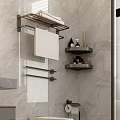 Modern Bathroom Accessories on Marble Wall with Towel Racks and Shelves Holding Toiletries