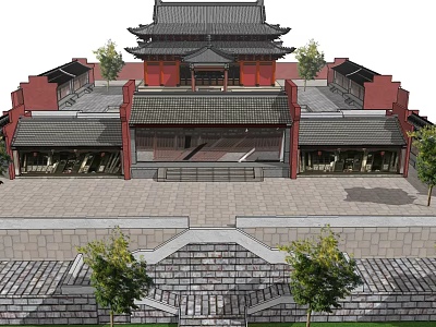 Traditional Ancient Chinese Architecture With Multi tiered Roofs Red Walls And Stone Steps 3d model