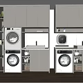 White Modern Bathroom Cabinet Rack With Washer Dryer Sink Wooden Floor And Potted Plant
