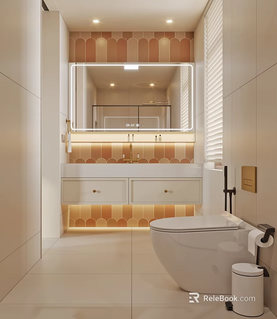Warm Cream Toned Modern Bathroom With LED Backlit Mirror Floating Vanity And Smart Toilet 3d model 