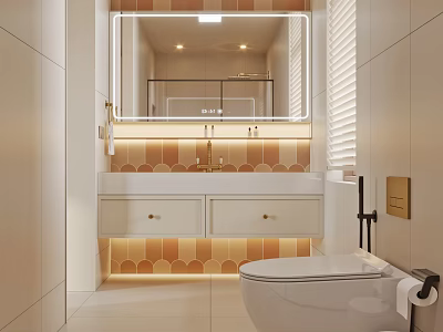 Warm Cream Toned Modern Bathroom With LED Backlit Mirror Floating Vanity And Smart Toilet 3d model