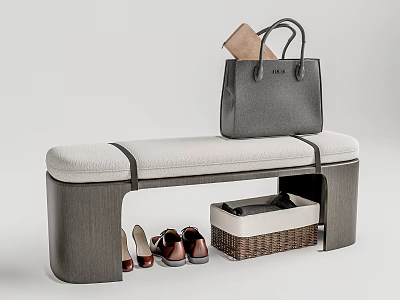 Stylish Entryway Bench with Light Padded Seat Dark Wooden Frame Grey Handbag and Leather Shoes 3d model