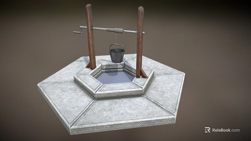 Traditional Garden Ornament With Hexagonal Stone Base Small Water Basin Wooden Lever And Bucket 3d model 
