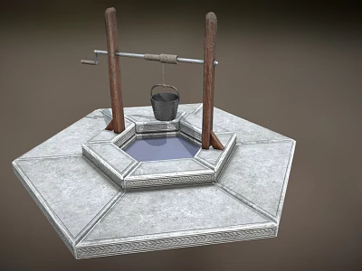 Traditional Garden Ornament With Hexagonal Stone Base Small Water Basin Wooden Lever And Bucket 3d model