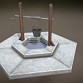 Traditional Garden Ornament With Hexagonal Stone Base Small Water Basin Wooden Lever And Bucket