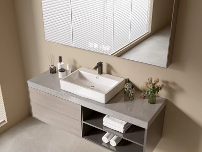 Modern Bathroom Cabinet with Mirror Gray Countertop White Sink and Storage Shelf 3d model
