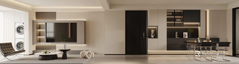 Modern Minimalist Cream Tone Living And Dining Room With Sleek Wall Panels And Soft Lighting 3d model 
