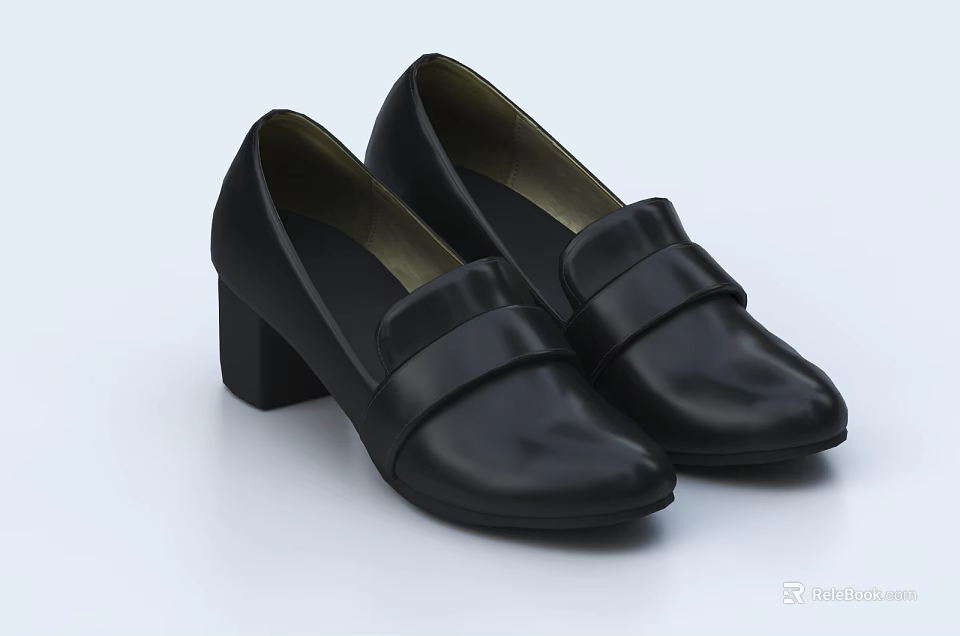 Black Leather Shoes with Block Heel and Buckled Strap Elegant Women's Formal Footwear 3d model 