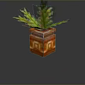 Pixelated Green Plant In Orange Geometric Patterned Pot With Black Background Reflection