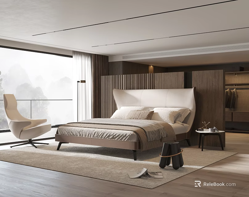 Modern Bedroom with Large Bed Beige Bedding Accent Chair and Floor to Ceiling Window 3d model 