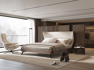 Modern Bedroom with Large Bed Beige Bedding Accent Chair and Floor to Ceiling Window 3d model