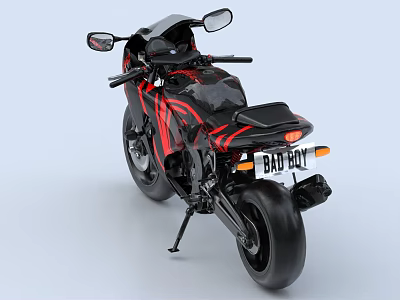 Sleek Black and Red Sport Motorcycle With Aerodynamic Design And Bad Boy License Plate 3d model