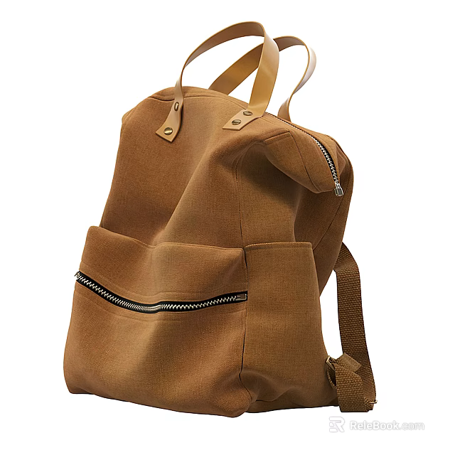 Brown Canvas Backpack With Zipper Pocket And Adjustable Shoulder Straps 3d model 