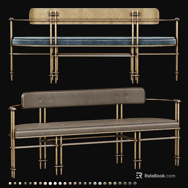 Elegant Double Sofa With Brass Metal Frame And Blue Fabric Upholstered Cushion 3d model 