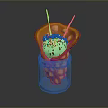 Green Ice Cream Ball With Colorful Sprinkles In Yellow Wrapper And Metal Container