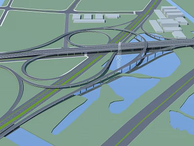 Modern Urban Interchange Bridge With Multiple Roads Water Areas And Buildings 3d model