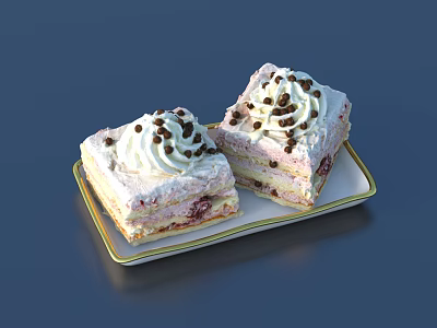 Delicious Square Cakes With Whipped Cream And Chocolate Chips On White Plate With Gold Rim 3d model