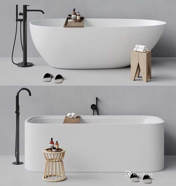 Modern Bathtub Design with Black Faucet Wooden Stool Slippers and Toiletries 3d model 