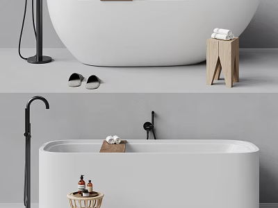 Modern Bathtub Design with Black Faucet Wooden Stool Slippers and Toiletries 3d model