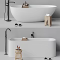 Modern Bathtub Design with Black Faucet Wooden Stool Slippers and Toiletries
