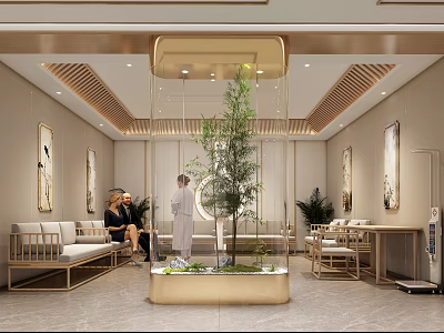 Elegant Modern Leisure Area Interior With Central Green Plant Gold Accents Sofa Benches And Wall Paintings 3d model