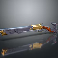 Ornate Long Handle Weapon With Gold Gray Accents And Decorative Details