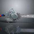 Industrial Metal Chainsaw With Red Handle Blue Parts And Sharp Serrated Blade Design