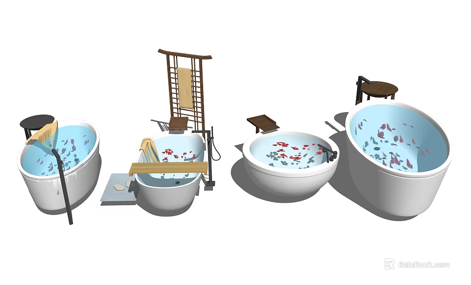 Traditional Japanese Bathtubs with Wooden Shelves Stools and Petal Decorations 3d model 