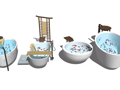 Traditional Japanese Bathtubs with Wooden Shelves Stools and Petal Decorations 3d model