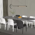 Modern Dining Table Set With Marble Top White Black Chairs Pendant Light And Greenery